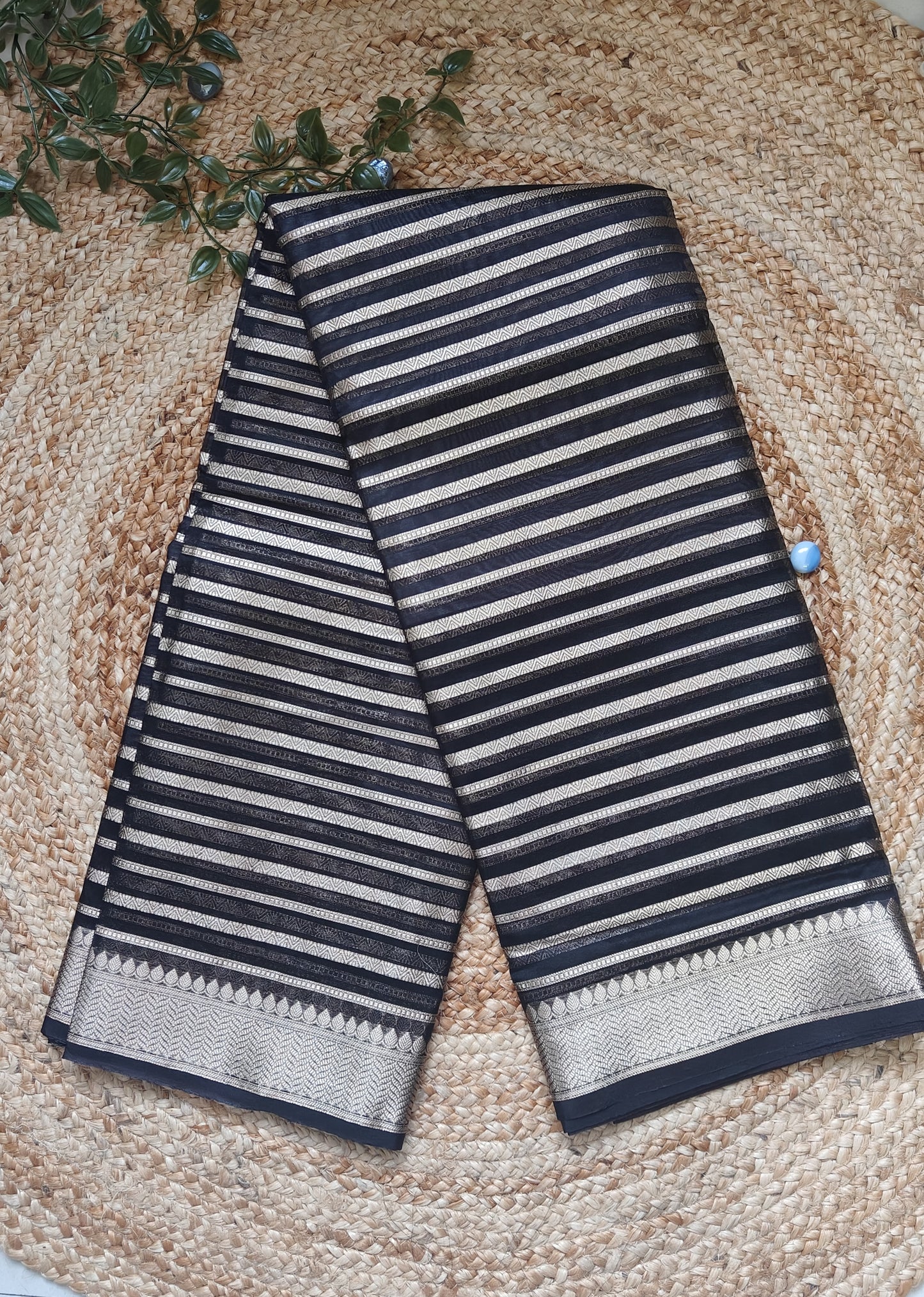BLACK TISSUE SILK SAREE WITH ZARI STRIPS