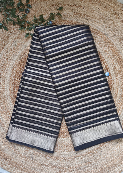 BLACK TISSUE SILK SAREE WITH ZARI STRIPS