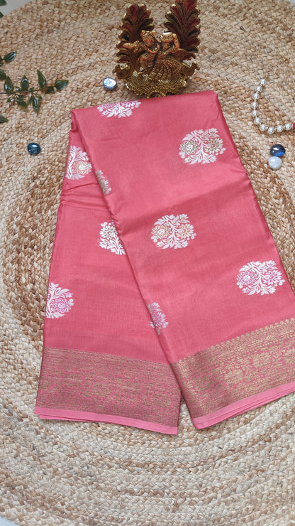 PEACH PINK DUPIAN SILK WITH MEENA BUTTA