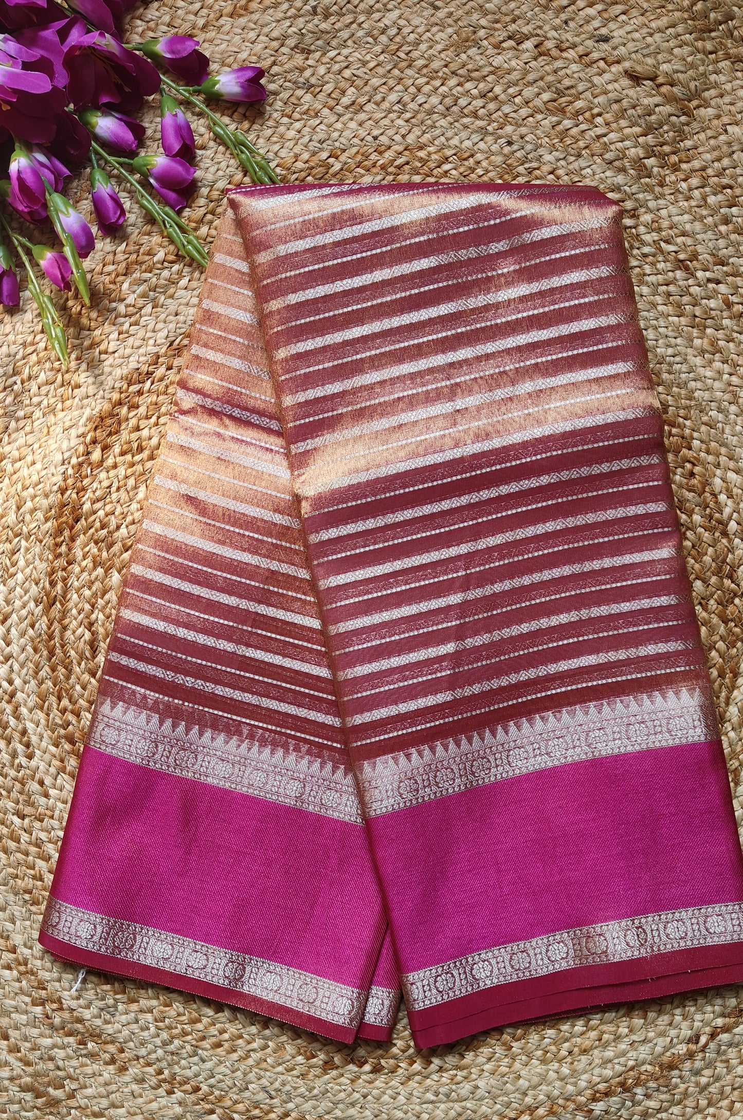 RED SEMI TISSUE SILK WITH ZARI STRIP GARHWAL BORDER