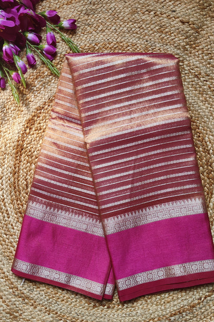 RED SEMI TISSUE SILK WITH ZARI STRIP GARHWAL BORDER