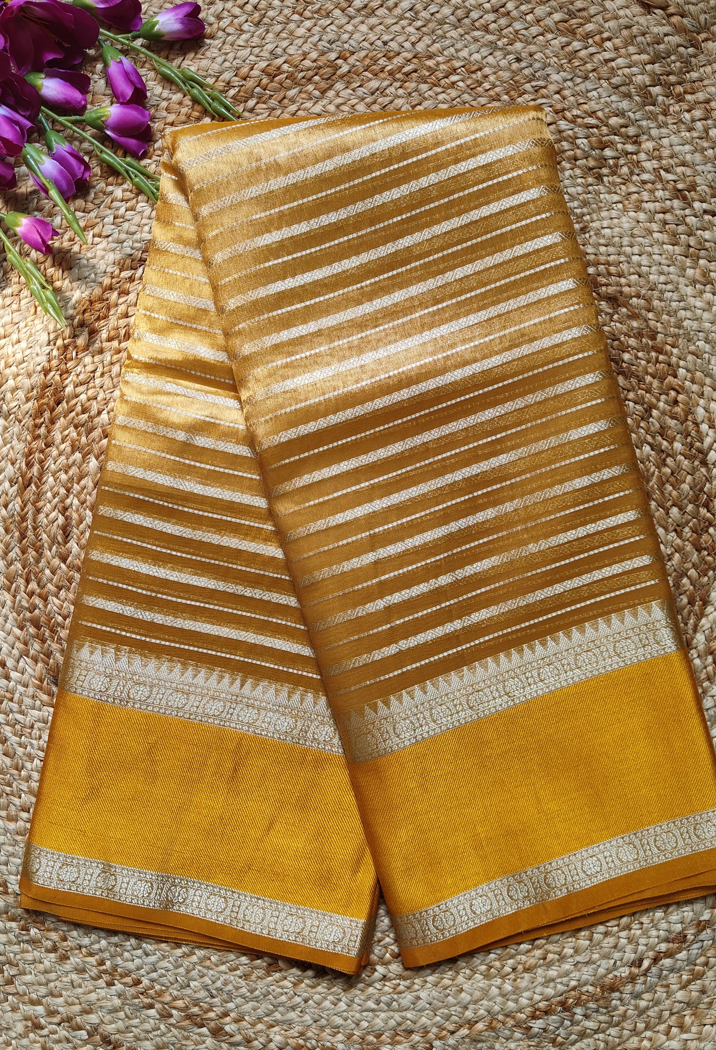 YELLOW SEMI TISSUE SILK WITH ZARI STRIP  GARHWAL BORDER