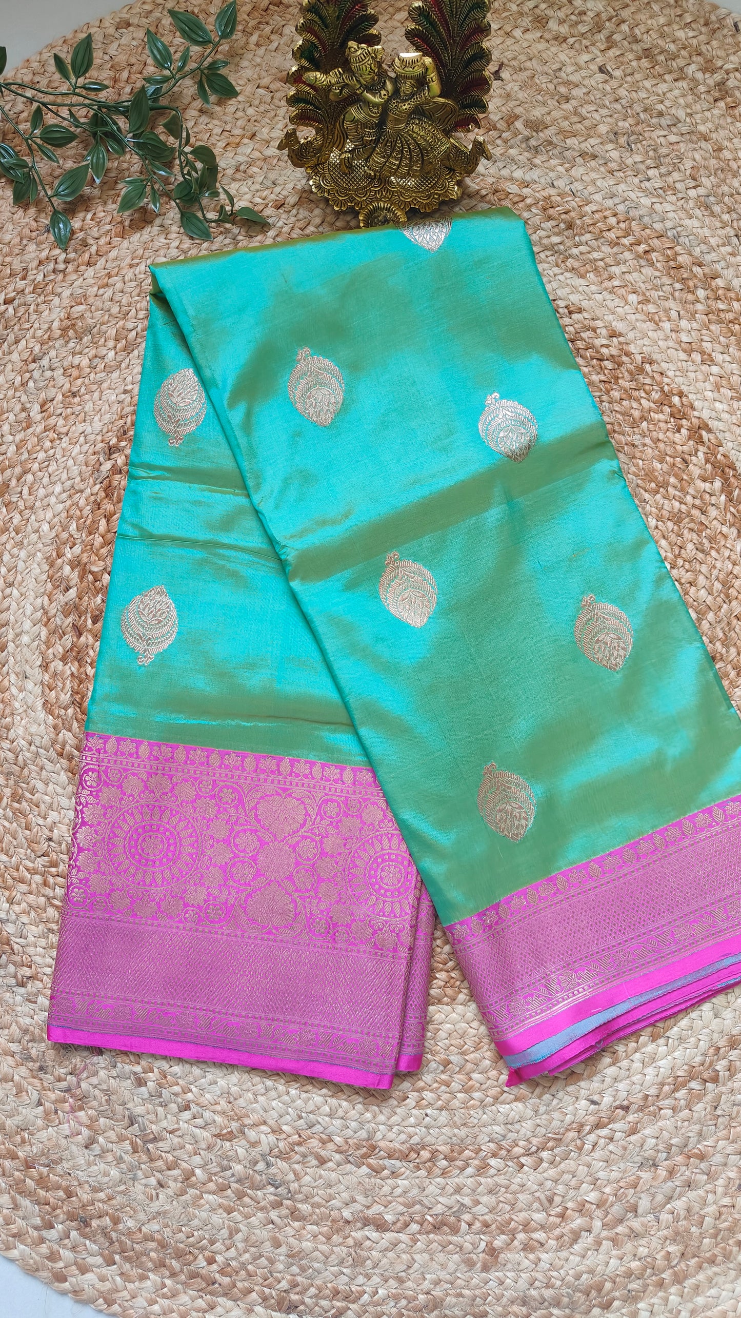 GREEN PURE KATAN SILK SAREE WITH ANTIQUE ZARI