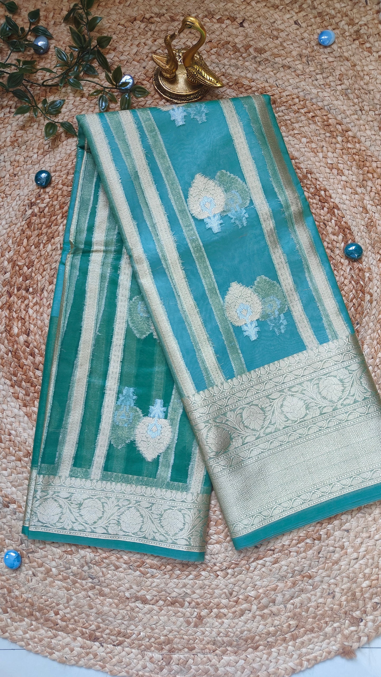 PISTA GREEN ZARI STRIPS SEMI KORA ORGANZA SAREE