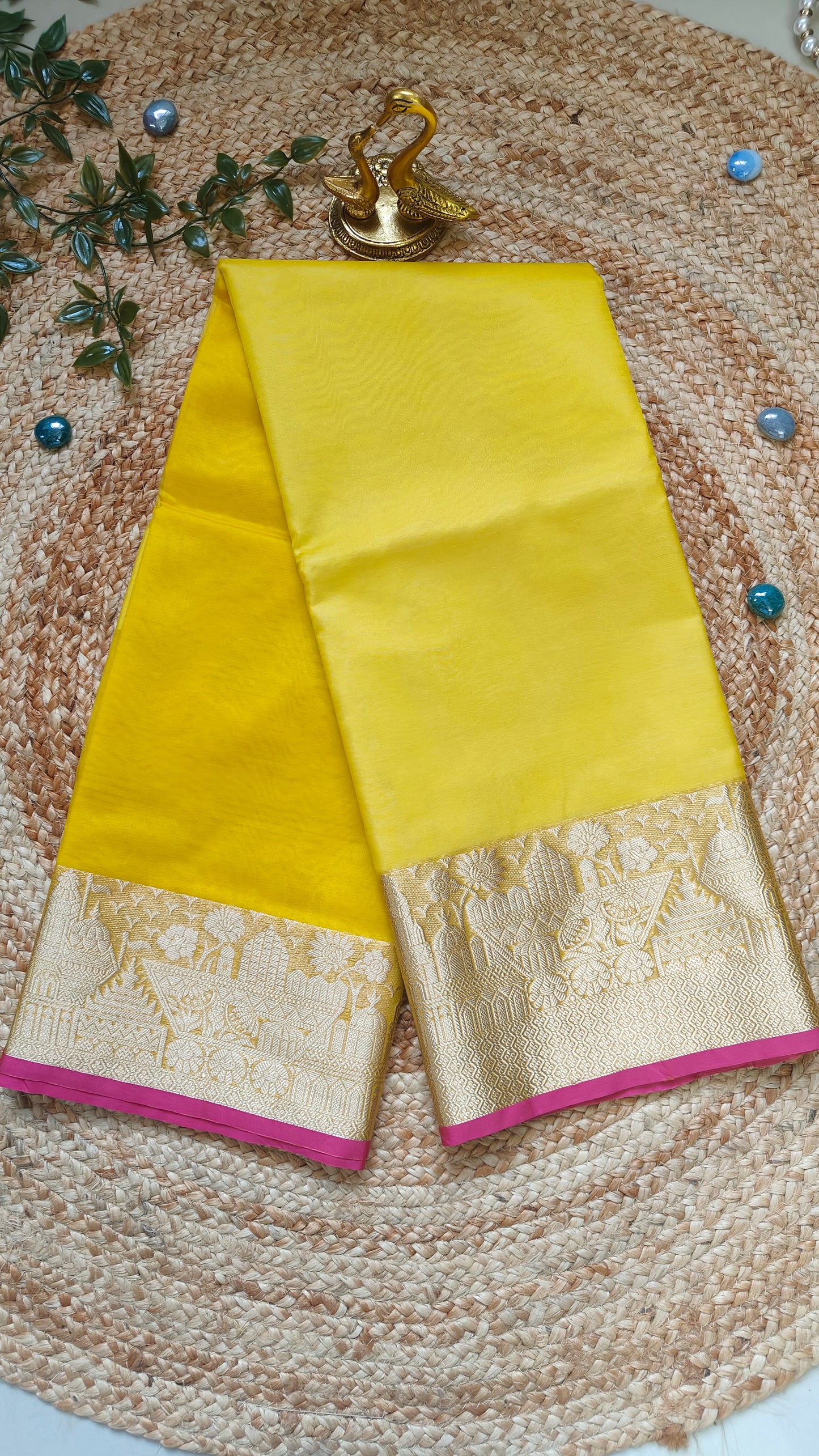 YELLOW ORGANZA SAREE WITH ZARI WEAVED TEMPLE BORDER