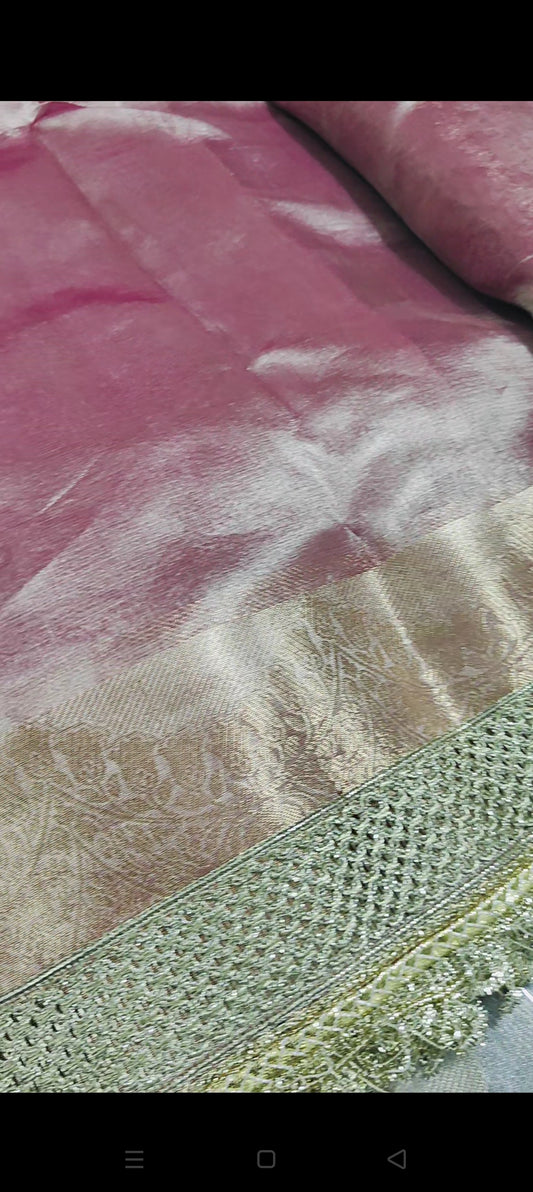 PINK PURE TISSUE KATHBAN SAREE