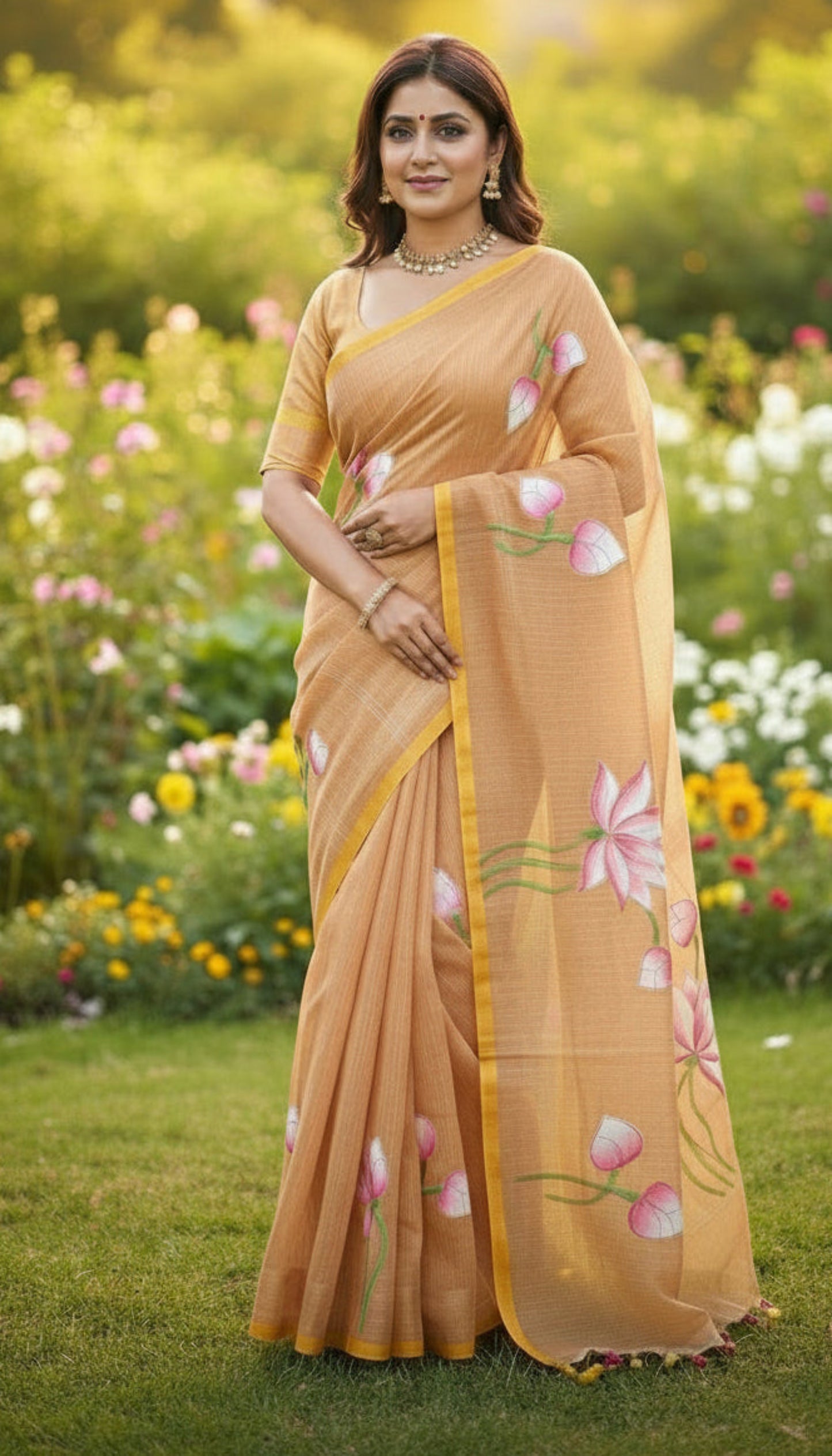 COFEE BROWN KHADI COTTON HANDPRINTED SAREE
