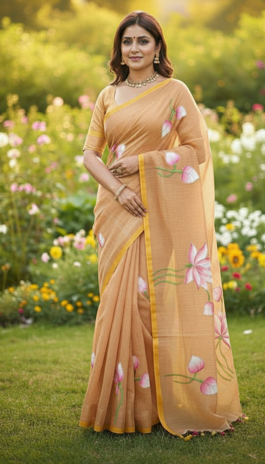 COFEE BROWN KHADI COTTON HANDPRINTED SAREE