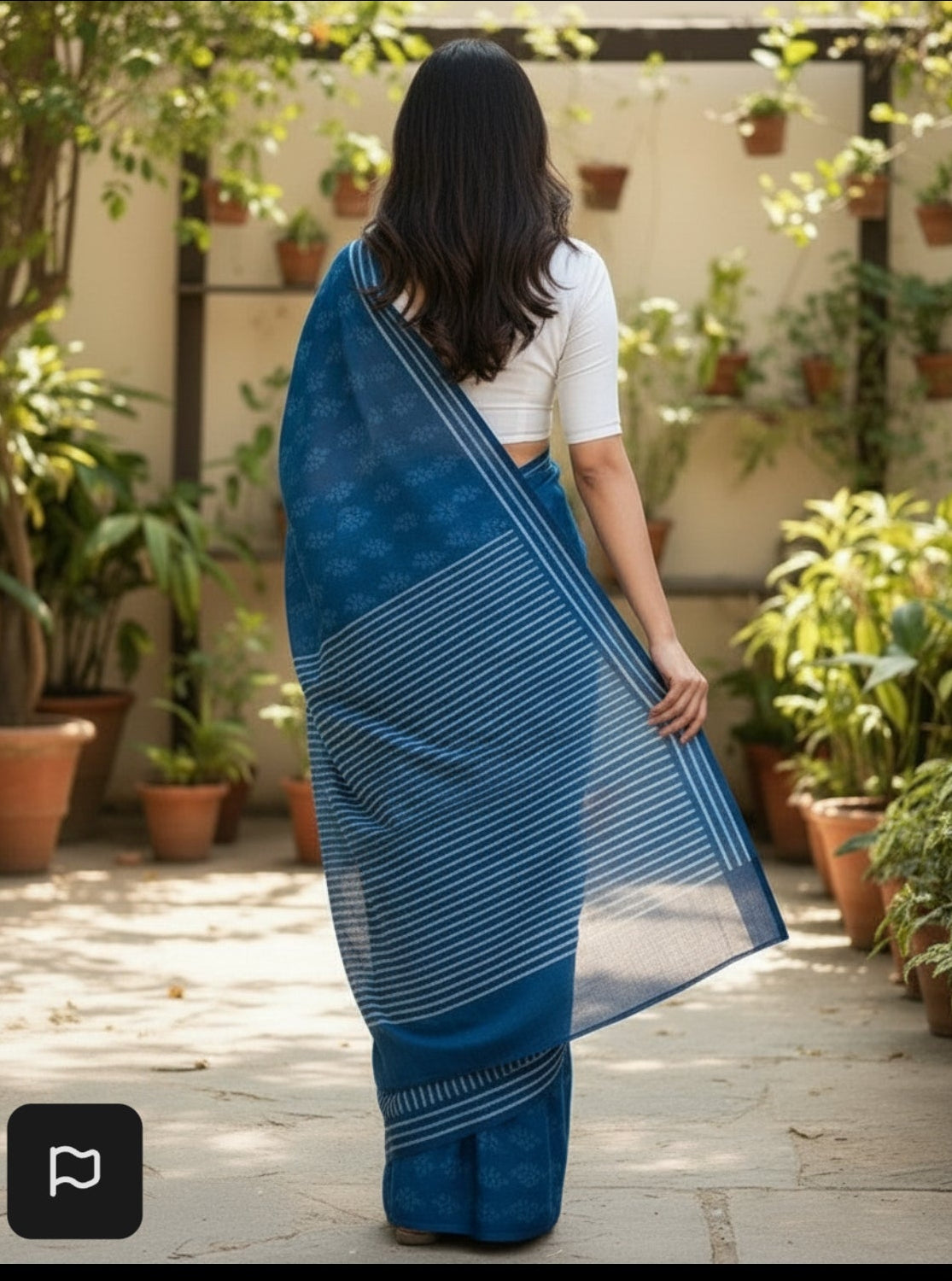 INDIGO BAGRU STRIP BORDER COTTON SAREE