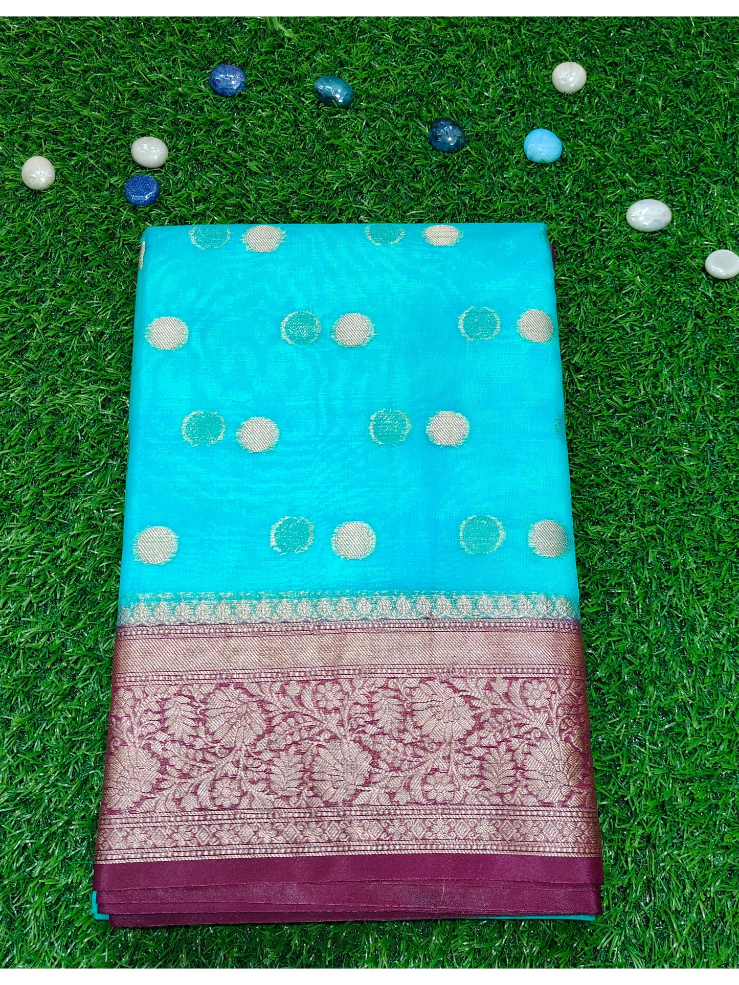 SEA GREEN  SEMI KORA ORGANZA SILVER ZARI BUTTA
