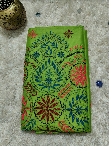 GREEN COTTON SILK SAREE KANTHA STICH
