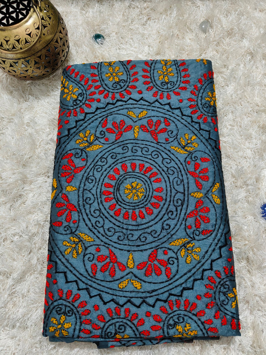 GREY COTTON SILK SAREE WITH KANTHA STICH