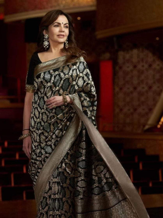 CELEBRITY INSPIRED NITA AMBANI SEMI KATAN SAREE WITH SONA RUPA ZARI