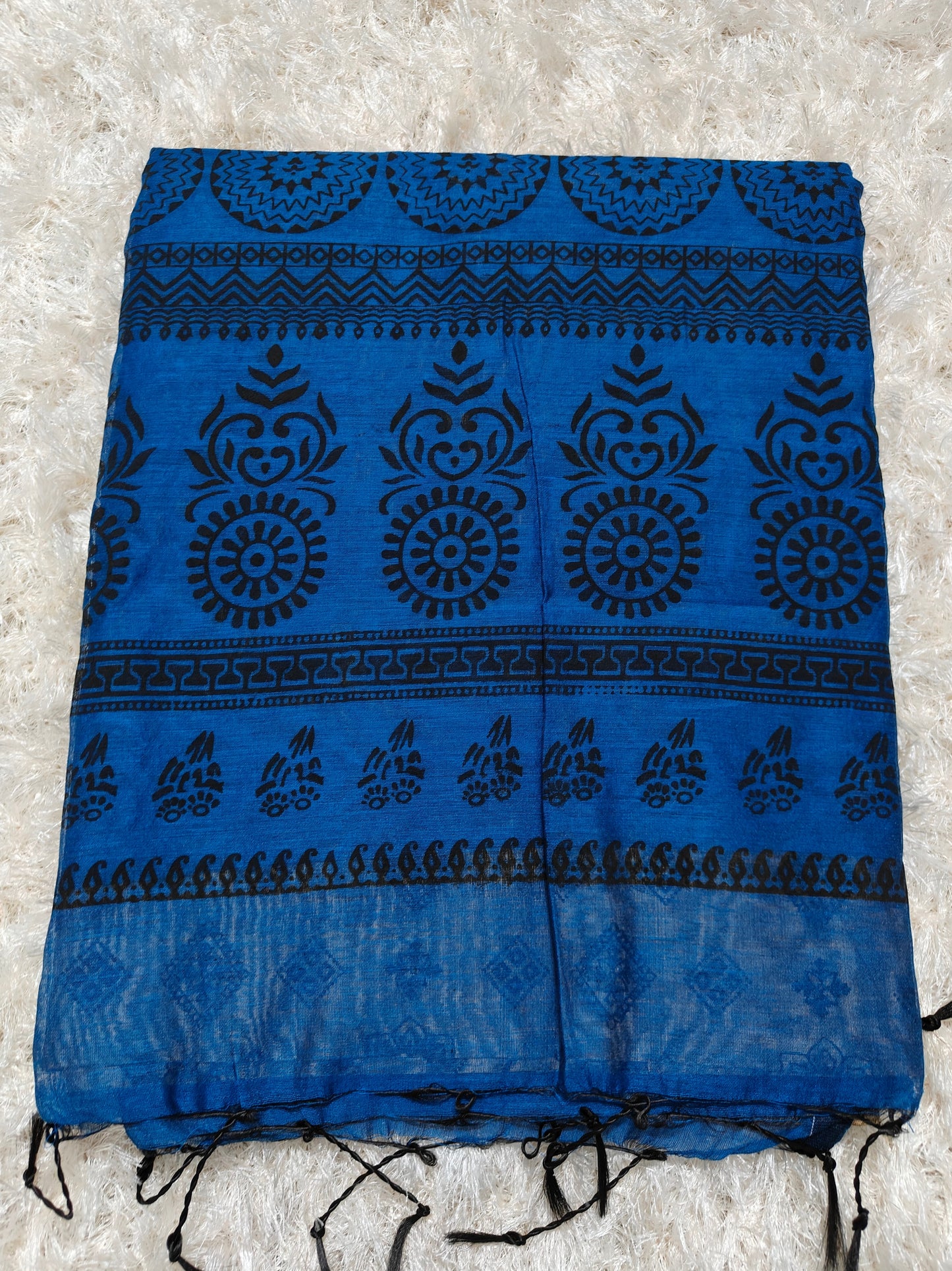 BEIGE & BLUE BANGAL COTTON SILK WITH BLOCK PRINT