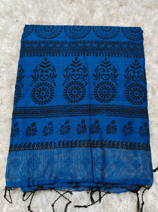 BEIGE & BLUE BANGAL COTTON SILK WITH BLOCK PRINT