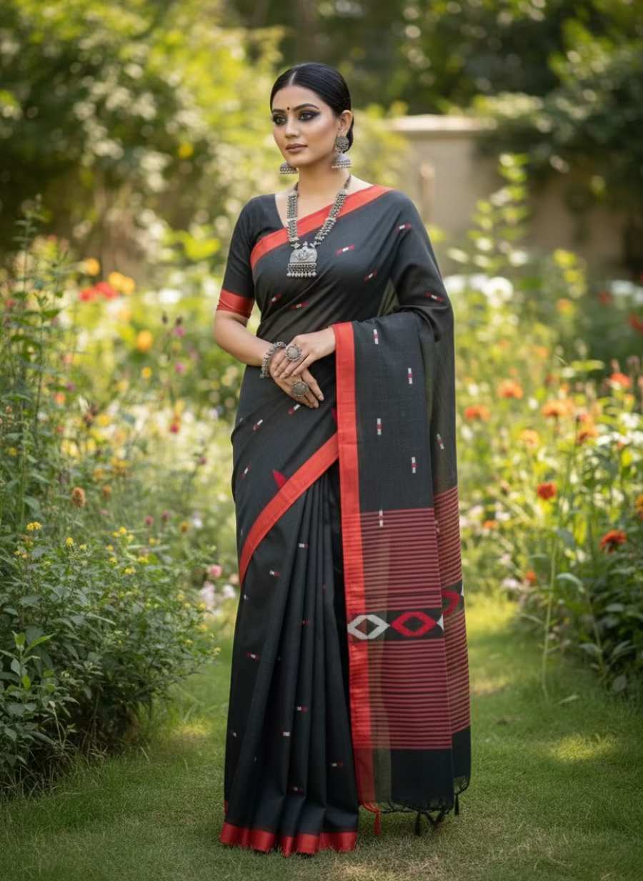 BLACK MUL COTTON SAREE GHICCHA WORK