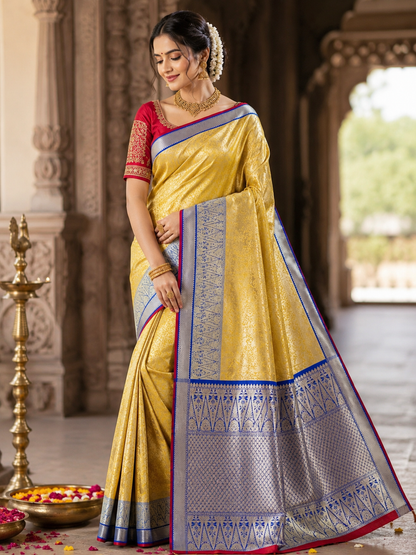 YELLOW SEMI KANCHI BORDER SAREES
