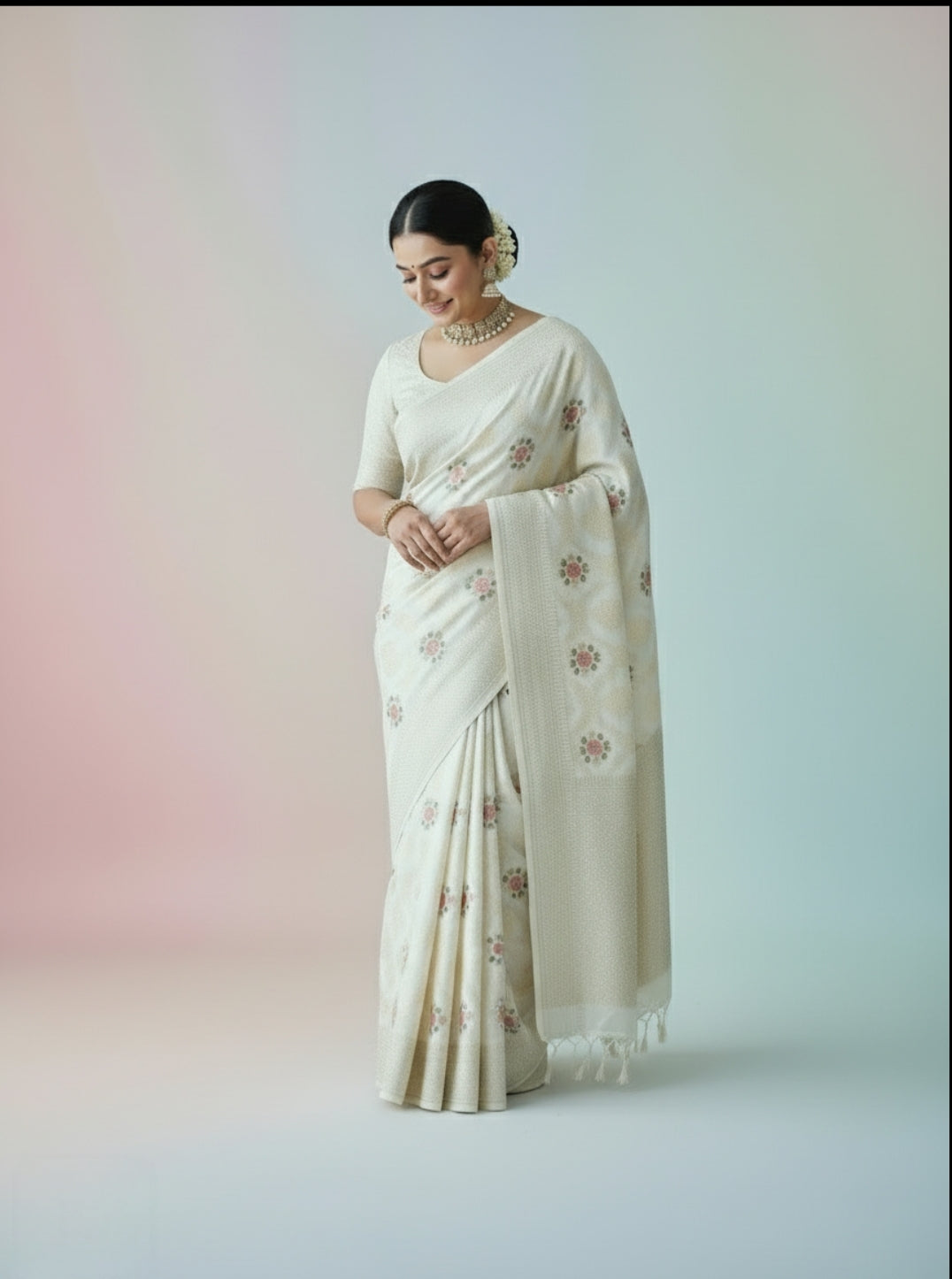 CREAM MASHRU KATAN SILK SAREE