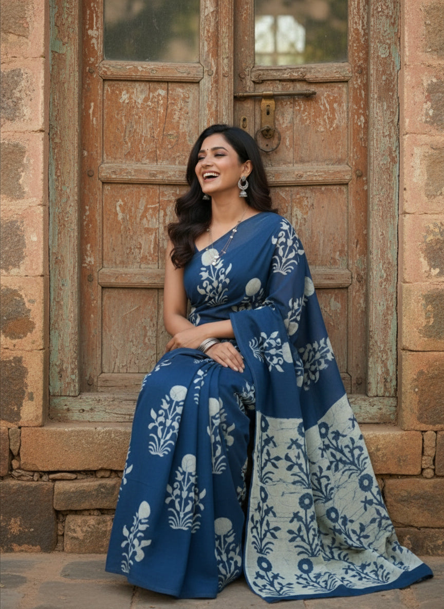INDIGO BAGRU FLOWER MOTIF COTTON SAREE