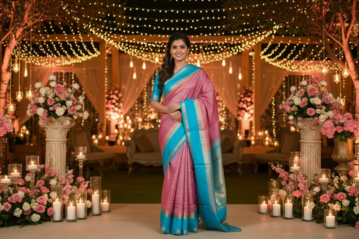 LILAC  SEMI CHINIYA KATAN WITH ZARI STIPS
