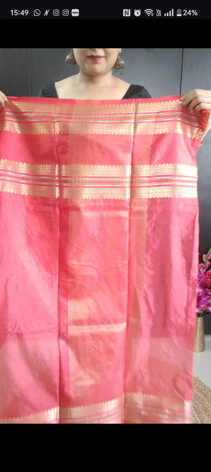 PEACH SEMI CHINIYA KATAN SILK SAREE WITH KANCHI BORDER
