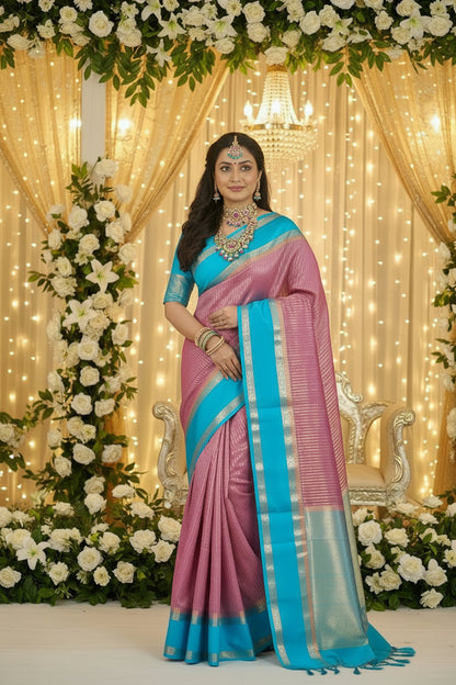 LILAC  SEMI CHINIYA KATAN WITH ZARI STIPS