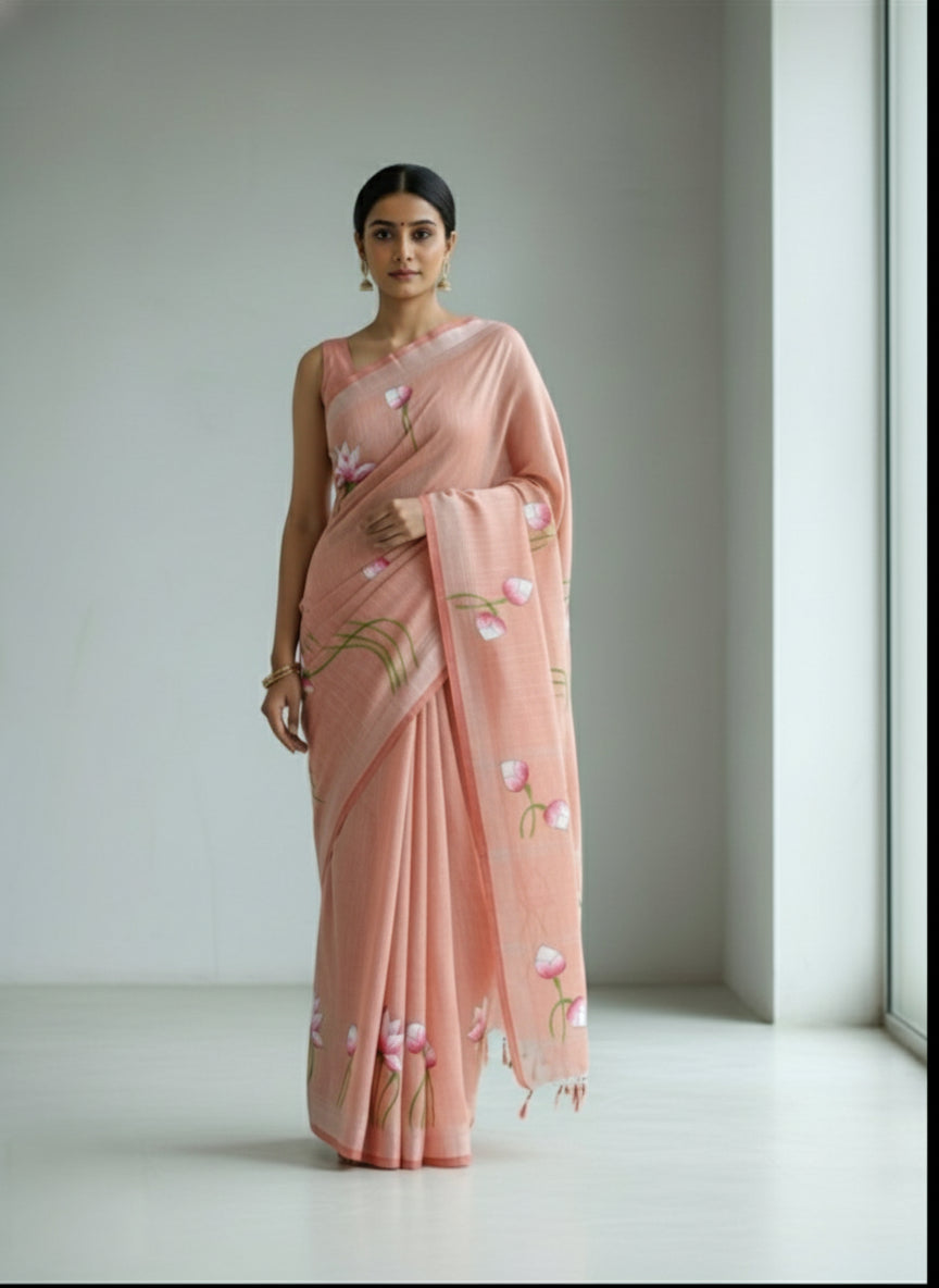 LIGHT PINK KHADDI COTTON HANDPAINTED SAREE
