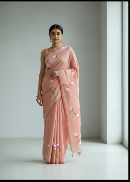 LIGHT PINK COTTON HANDPAINTED SAREE
