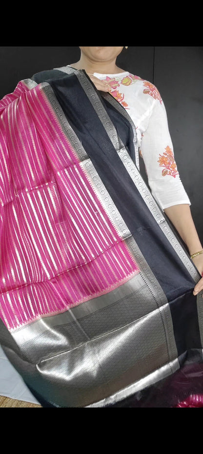 PINK CHINIYA KATAN WITH ZARI STRIPS GADHWAL BORDER