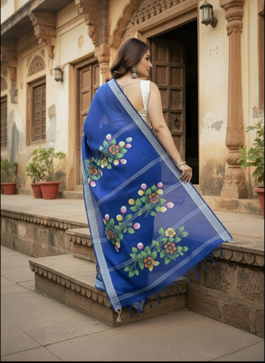 NAVY BLUE COTTON SILK HANDPRINTED SAREE