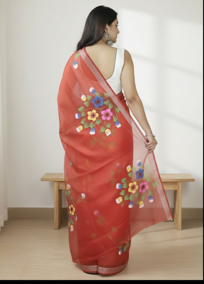 RED COTTON SILK HANDPRINTED SAREE