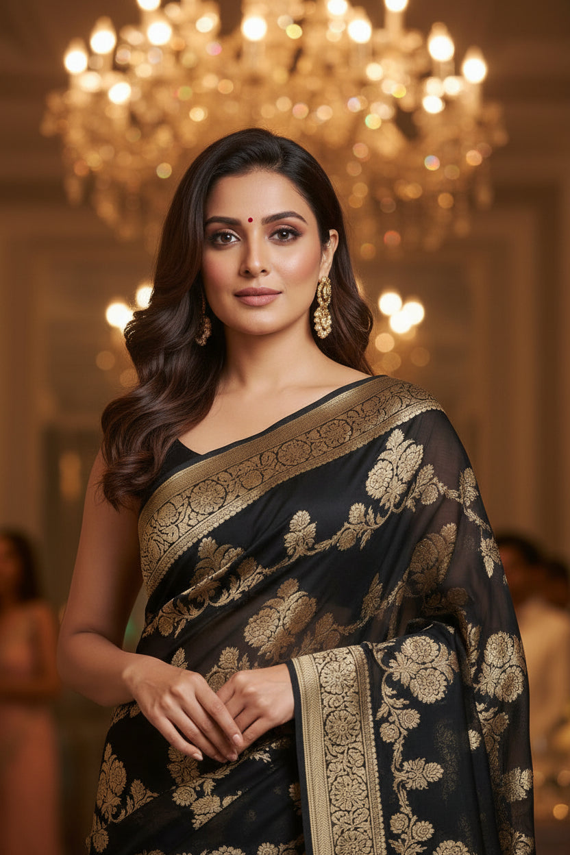 BLACK PURE GEORGEETE SARI WITH GOLD ZARI