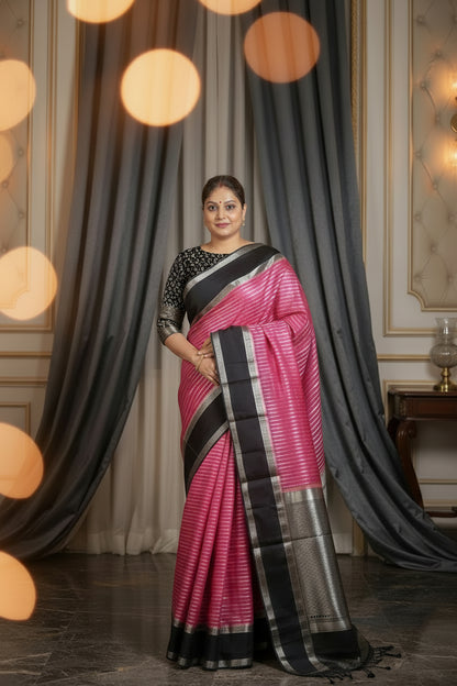 PINK CHINIYA KATAN WITH ZARI STRIPS GADHWAL BORDER