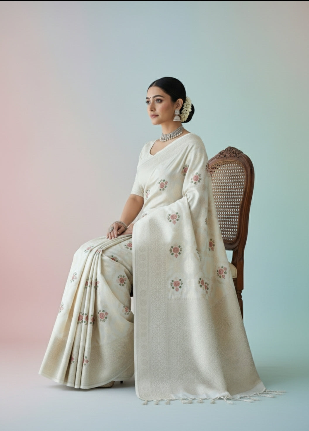 CREAM MASHRU KATAN SILK SAREE