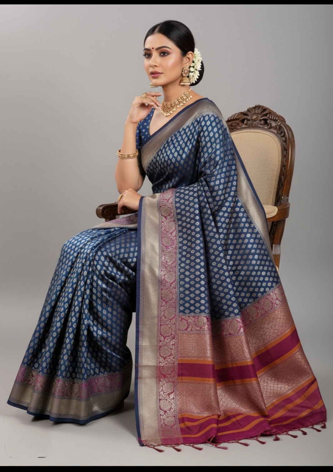 NAVY BLUE COPPER ZARI SILK SAREE