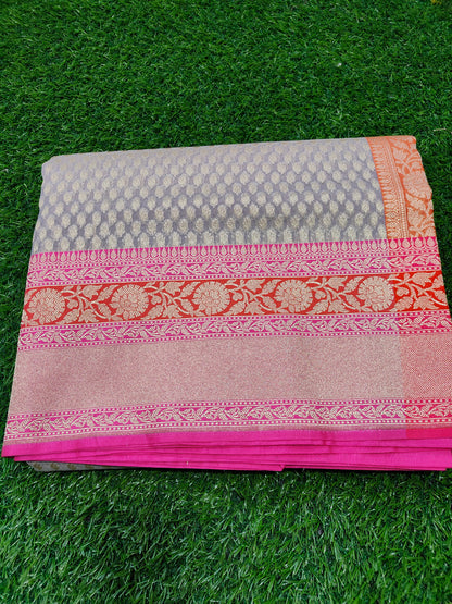 GREY ORGANZA SILK ORNAGE BORDER
