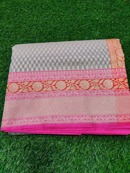 GREY ORGANZA SILK ORNAGE BORDER